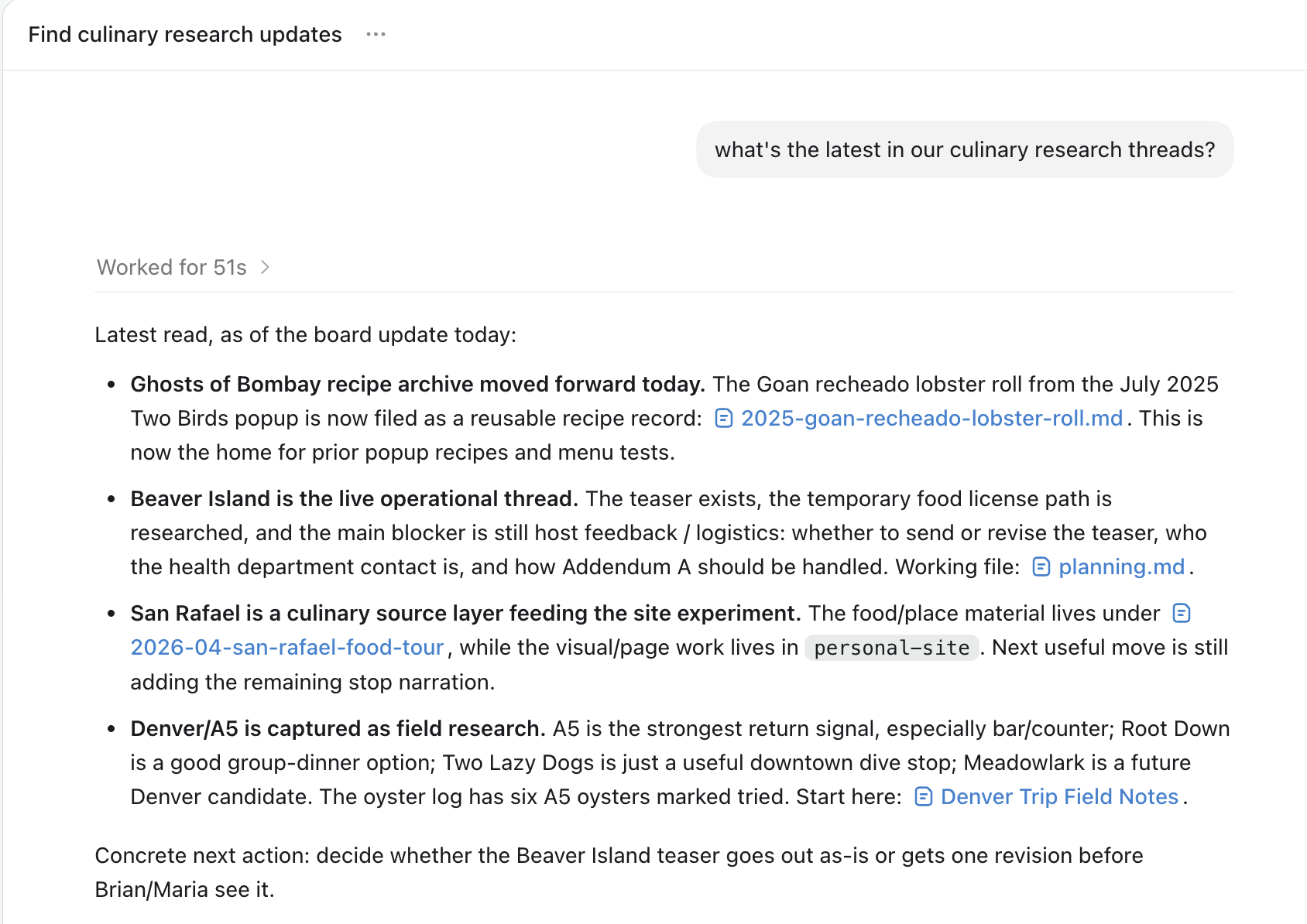 Codex answer showing board-linked research threads and next action