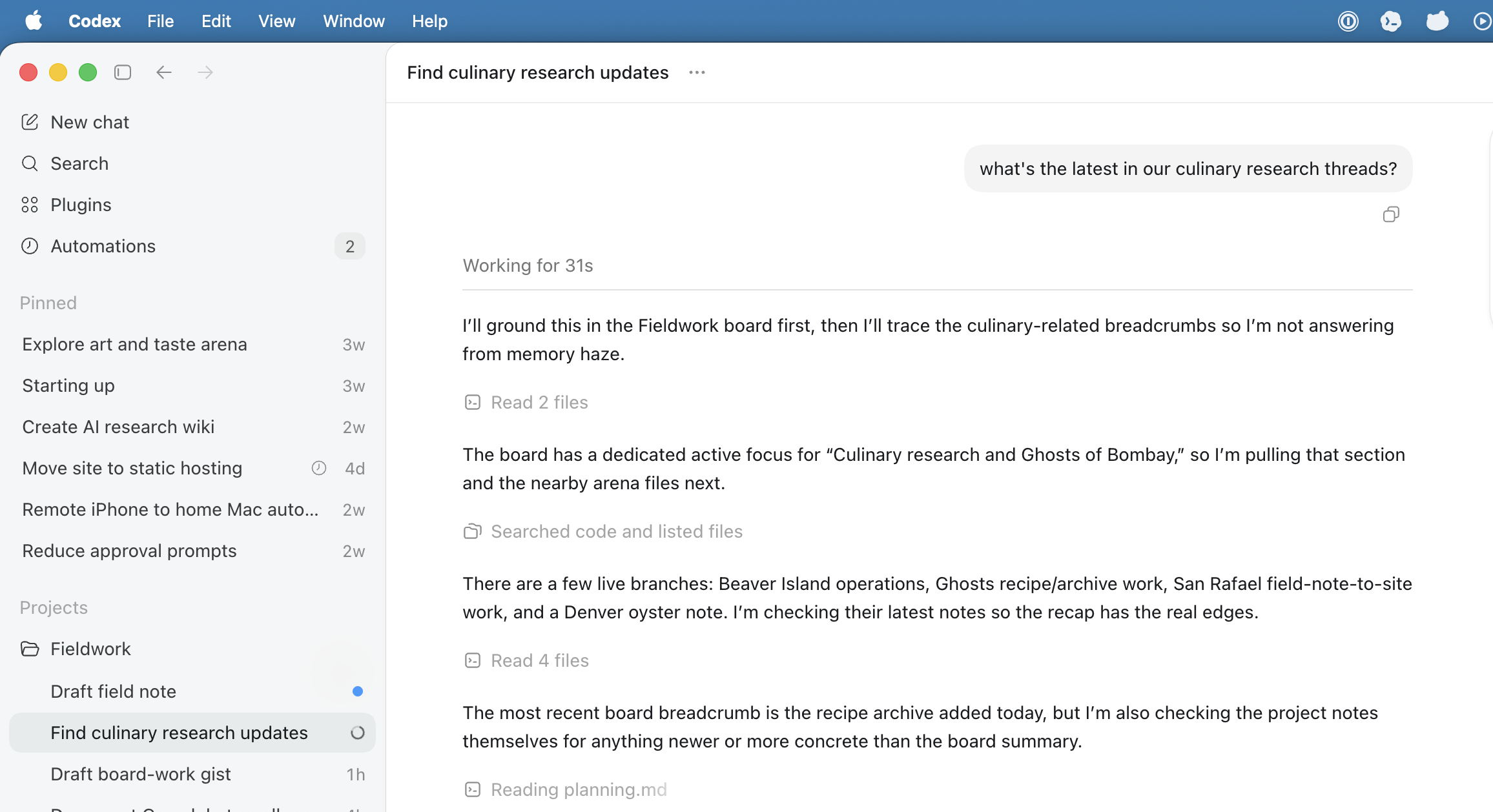 Codex thread orienting itself from the Fieldwork board